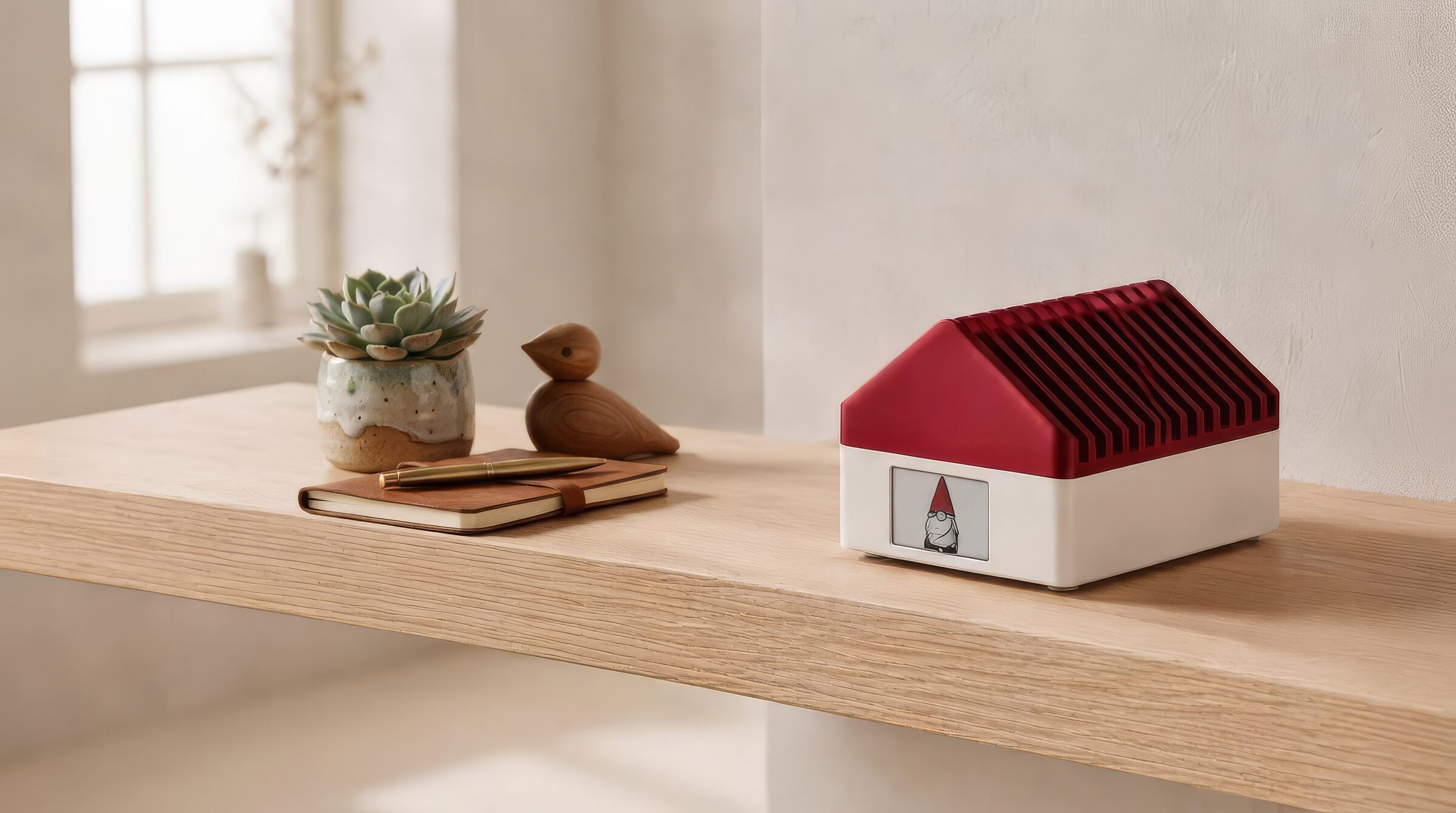 Tomte Tom, a small house-shaped device with a red gable roof, sitting on a wooden shelf next to a succulent, a carved wooden bird, and a leather notebook.